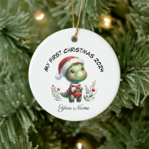 サンタパーソナライズされたー恐竜初めてのクリスマス セラミックオーナメント