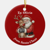 サンタパーソナライズされた&トナディアハグクリスマス セラミックオーナメント (正面)