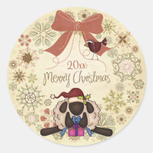 サンタヒツジとバードメリークリスマスリース ラウンドシール