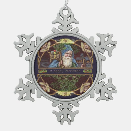 サンタビクトリアンエンジェルズクリスマスアンティーク スノーフレークピューターオーナメント (正面)