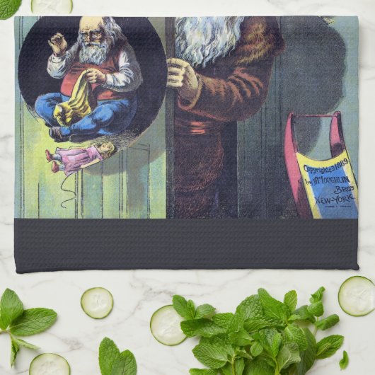 サンタビクトリアンクロースと木 キッチンタオル (折り畳み)