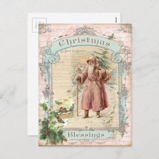 サンタビクトリアンクロースのピンクの木の鳥がクリスマス シーズンポストカード (正面/裏面)