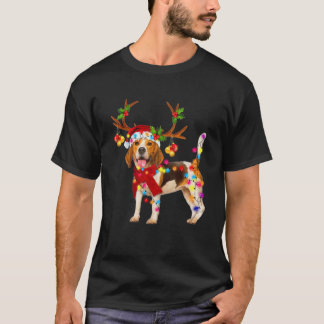 サンタビーグル犬の華麗な手綱ライトクリスマス女の子 Tシャツ