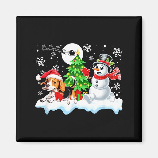 サンタビーグル雪だるま走る仲間クリスマス オーナー マグネット (正面)