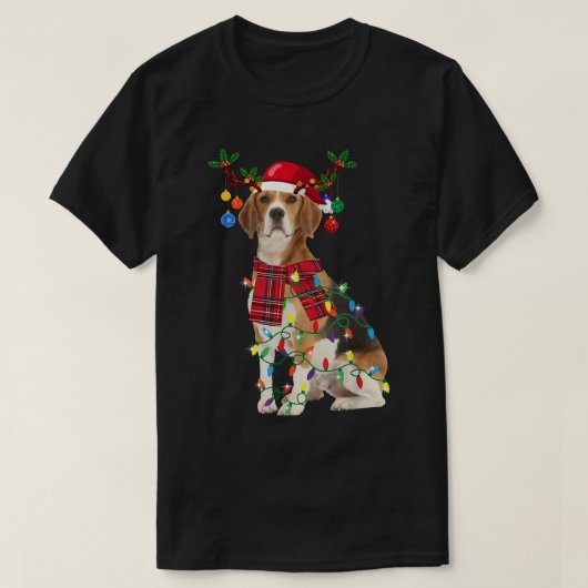サンタビーグル鹿ライトクリスマス Tシャツ (デザイン正面)