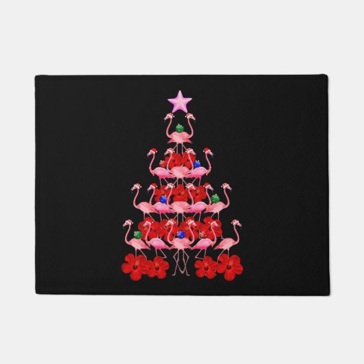 サンタピンクのフラミンゴのクリスマスツリー ドアマット (正面)
