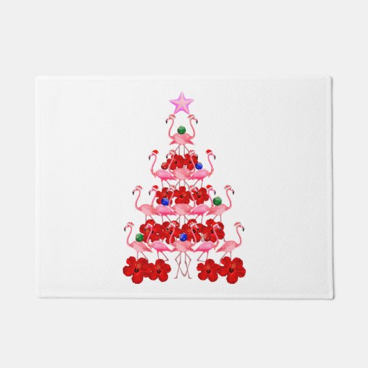 サンタピンクのフラミンゴのクリスマスツリー ドアマット (正面)