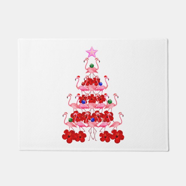 サンタピンクのフラミンゴのクリスマスツリー ドアマット (正面)