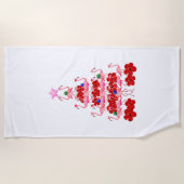 サンタピンクのフラミンゴのクリスマスツリー ビーチタオル (正面)