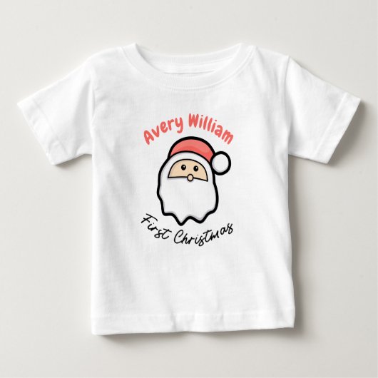 サンタピンクの名前の初めてのクリスマス ベビーTシャツ (正面)