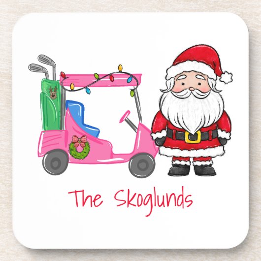 サンタピンクゴルフカートのクリスマスとライトリース コースター (正面)