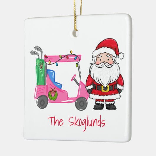サンタピンクゴルフカートのクリスマスとライトリース セラミックオーナメント (左)