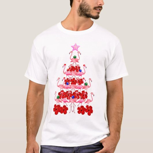サンタピンクフラミンゴクリスマスツリー Tシャツ (正面)