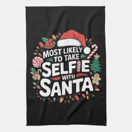 サンタファミリーのクリスマスと自撮りする可能性が高い キッチンタオル (縦)