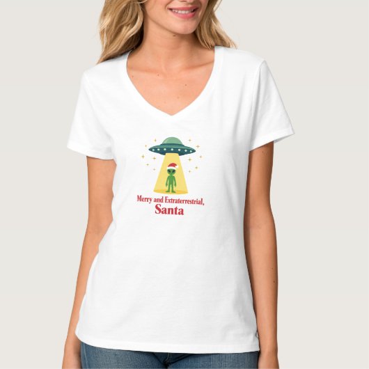 サンタファンのためのヴィンテージSFエイリアンクリスマスUFO Tシャツ (正面)
