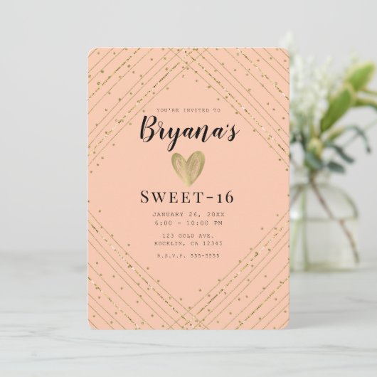 サンタフェピンク&金ゴールドグリッタースウィート16誕生日 招待状 (スタンド正面)