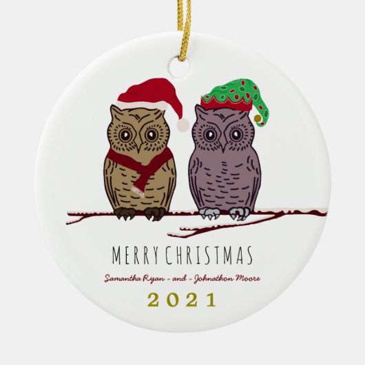 サンタフクロウと小妖精や小人フクロウのクリスマスオーナメント セラミックオーナメント (正面)