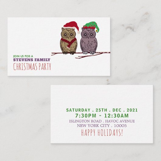 サンタフクロウと小妖精や小人フクロウ、クリスマスパーティーチケット エンクロージャーカード (正面/裏面)