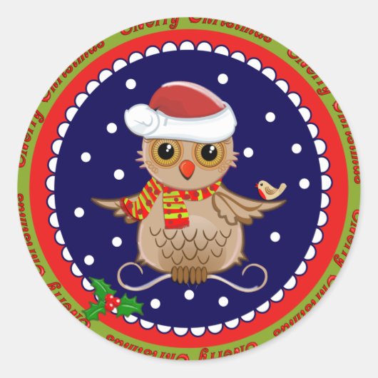 サンタフクロウの可愛いメリークリスマスシール ラウンドシール (正面)