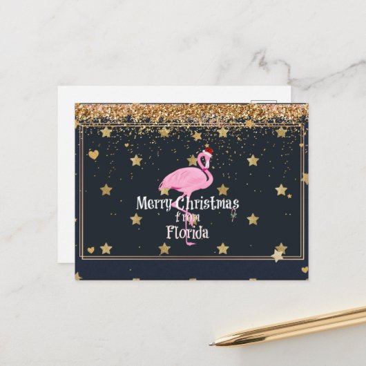 サンタフラミンゴのフロリダからのメリークリスマス ポストカード (正面/裏面インサイチュ)