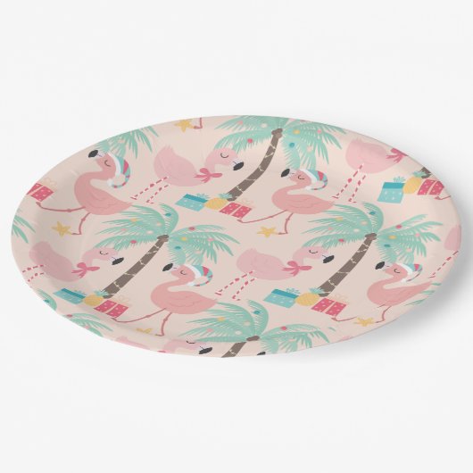 サンタフラミンゴの – おもしろいピンク熱帯クリスマス ペーパープレート (アングル)
