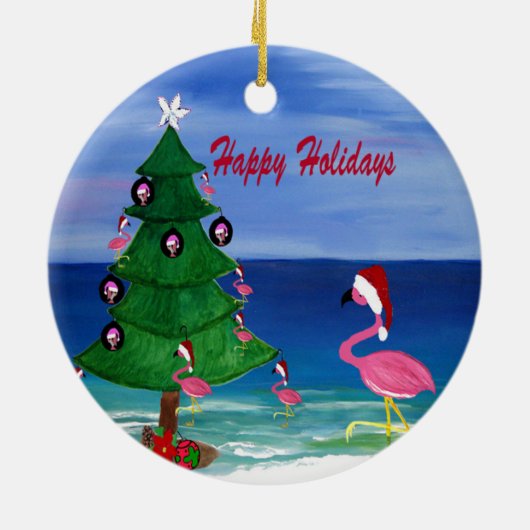サンタフラミンゴクリスマスツリーをトリム セラミックオーナメント (裏面)
