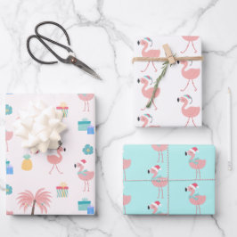 サンタフラミンゴパターンおもしろいピンク熱帯クリスマス ラッピングペーパーシート