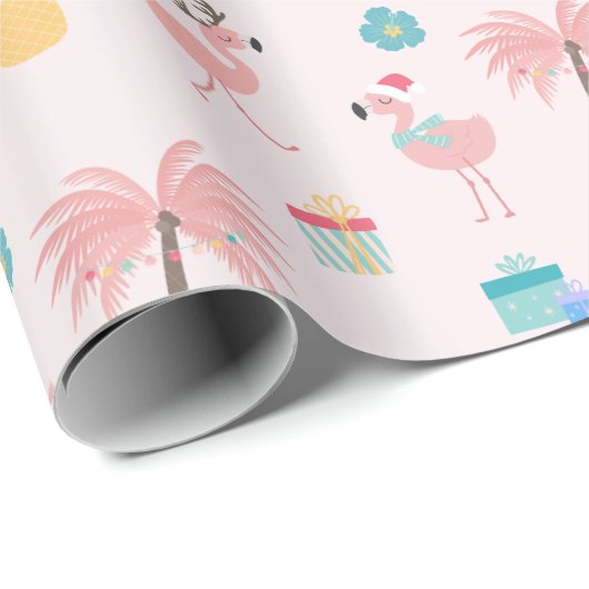 サンタフラミンゴパターンおもしろいピンク熱帯クリスマス ラッピングペーパー (ロールコーナー)