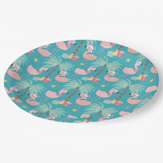 サンタフラミンゴ – Santa Flamingo's -おもしろいアクアトロピカルクリスマス ペーパープレート (アングル)
