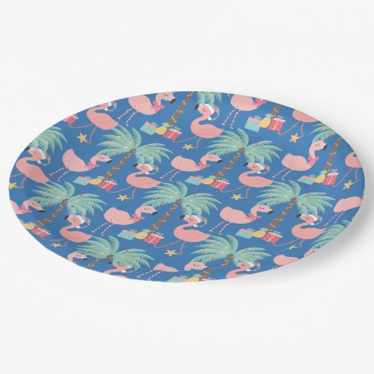 サンタフラミンゴ – Santa Flamingo's -おもしろいブルー熱帯クリスマス ペーパープレート (アングル)