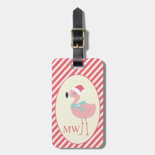 サンタフラミンゴwピンクキャンディーケーンストライプクリスマス ラゲッジタグ (正面縦)