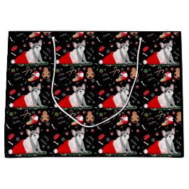 サンタフランスのの帽子のパターンでブルドッグの子犬 ラージペーパーバッグ