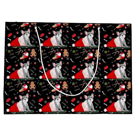 サンタフランスのの帽子のパターンでブルドッグの子犬 ラージペーパーバッグ (裏面)