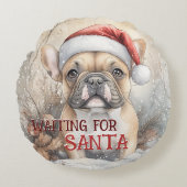 サンタフランスのクリスマスを待っているブルドッグ ラウンドクッション (正面)