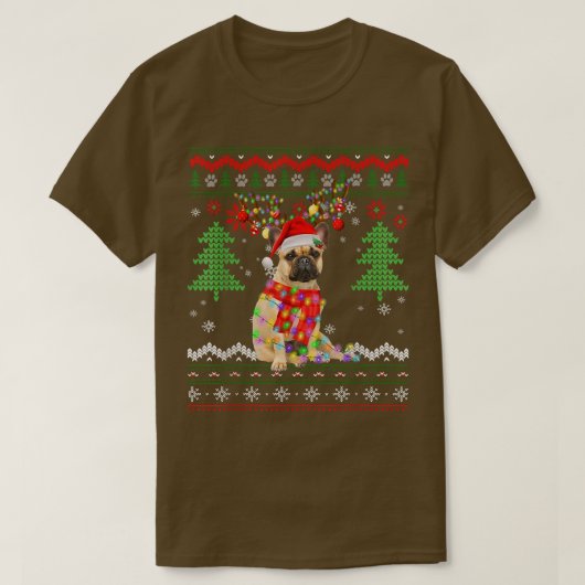 サンタフランスのブルドッグ犬クリスマスライト醜いXma Tシャツ (デザイン正面)