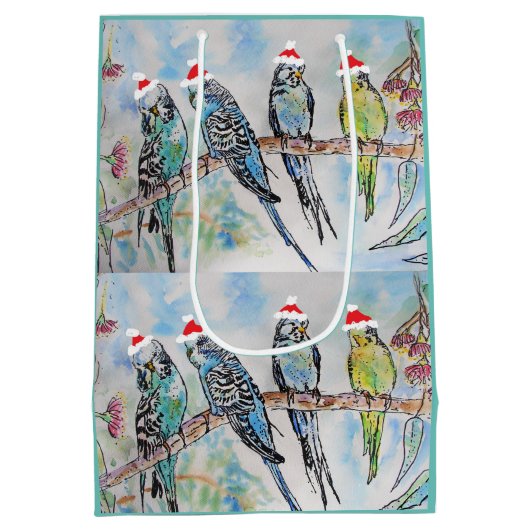 サンタブジクリスマスウォーター絵画カラーの鳥 ミディアムペーパーバッグ (裏面)