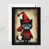 サンタブラックかわいい子猫フラワークリスマス ポストカード (正面/裏面)