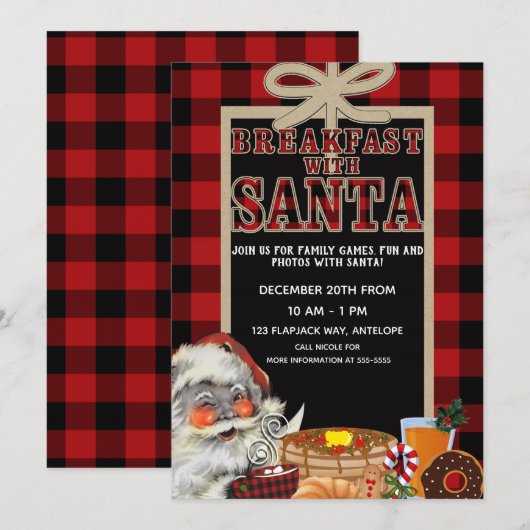サンタブランチレッドバッファロープレイドで朝食 招待状 (正面/裏面)