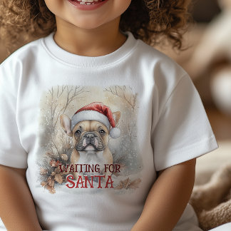サンタブルドッグフランスのかわいい水色を待つ ベビーTシャツ