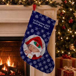 サンタベイビースノーフレークと青色の背景のあなたの写真 スモールクリスマスストッキング