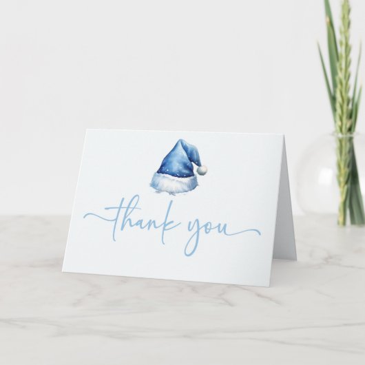 サンタベイビーブルーハットクリスマスホリデーベイビーシャワー サンキューカード (正面)