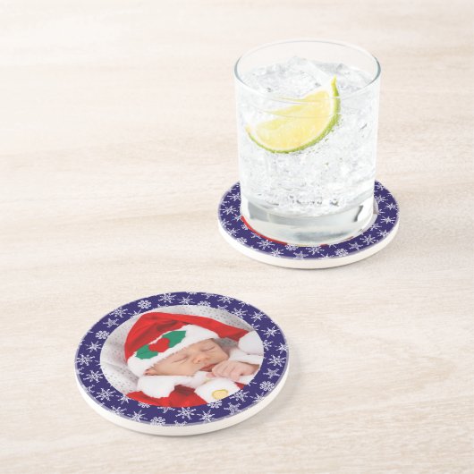 サンタベイビーブルー背景の雪の結晶のフォト コースター (側面)