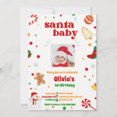 サンタベイビー フォト クリスマス 1歳 誕生日 招待状 (正面)