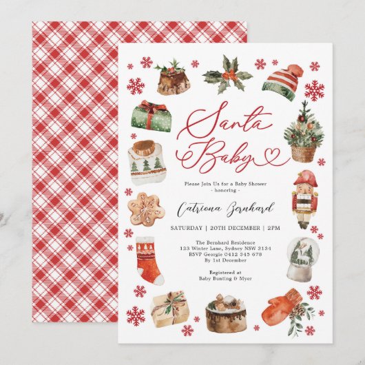 サンタベイビー - 現代的なクリスマスの冬のベイビーシャワー 招待状 (正面/裏面)