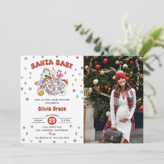 サンタベビーかわいいグルービーボール赤ちゃんシャワー写真 招待状 (スタンド正面)