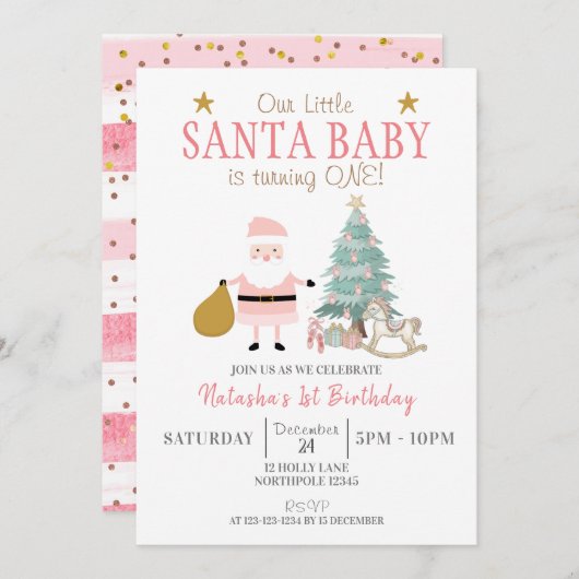 サンタベビーはONEを回している、女の子のクリスマス誕生日 招待状 (正面/裏面)