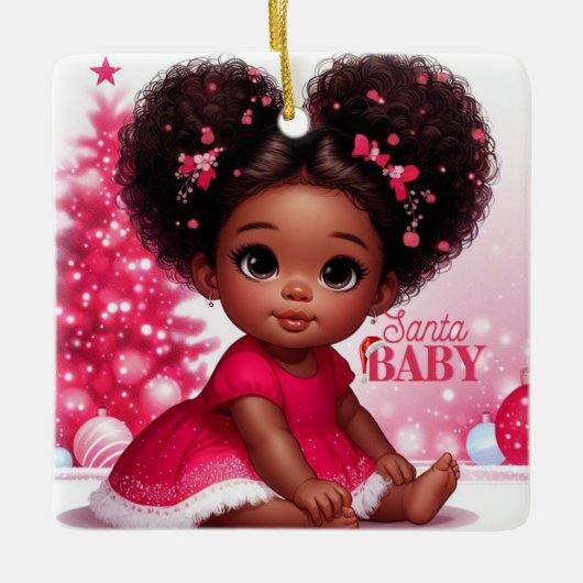 サンタベビーアフロプフ乳児ガールクリスマス セラミックオーナメント (正面)