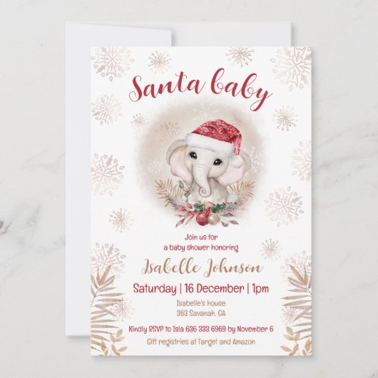 サンタベビーエレファントガールベビーシャワー招待状 招待状 (正面)