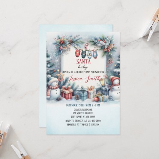 サンタベビークリスマスウィンターベビーシャワー 招待状 (正面/裏面インサイチュ)