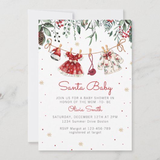 サンタベビークリスマスガール服ベビーシャワー 招待状 (正面)